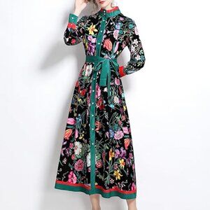 LAI MENG FIVE CATS Women's Vintage Floral Print Long Lantern Sleeve Button Up S